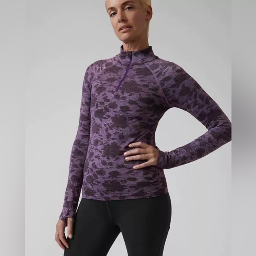NWOT Athleta XS Momentum Half Zip Fitted Athletic Long Sleeve Top Purple Floral